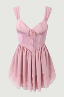 Sweet Women Rose Pink Satin Patchwork Chiffon Sling Dress Summer Female Party Mini Robe Skate Dress