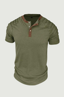 Summer Vintage Henry Collar Mens T Shirts Casual Patchwork Button Pleated Short Sleeve Tee Men