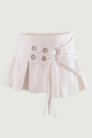 Sexy Low Waist Pleated Mini Skirt Summer Women Metal Eyelets Lacing Up Belt Fringed Hem Skirt