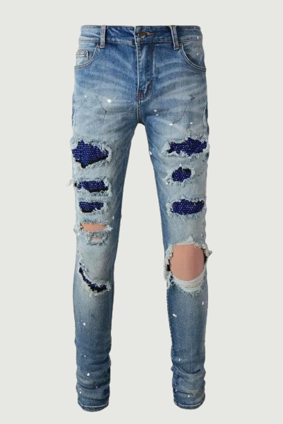 American-style High Street Ripped Jeans Young Men's Diamond-encrusted Jeans Stretch Comfortable Leg Jeans