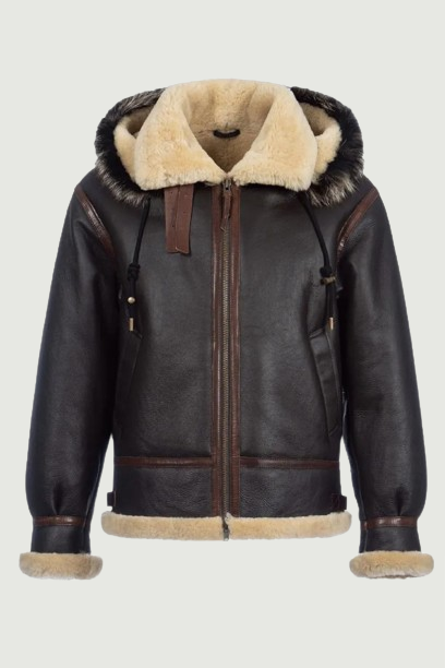 Men Shearling Jacket Hooded Sheepskin Coat Thick Warm Winter Pilot Jacket