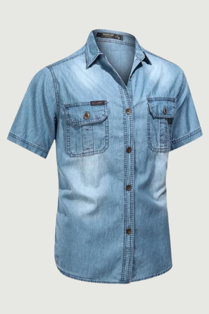Summer Men Denim Shirt Short Sleeve Blouse Oversized Solid Cotton Vintage Causal Shirt Men's Clothing Leisure Shirts