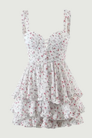 Vintage Spring Summer Chic Floral Lace Square Neck Cute Cake Cascading Ruffled Strap Mini Dress Woman