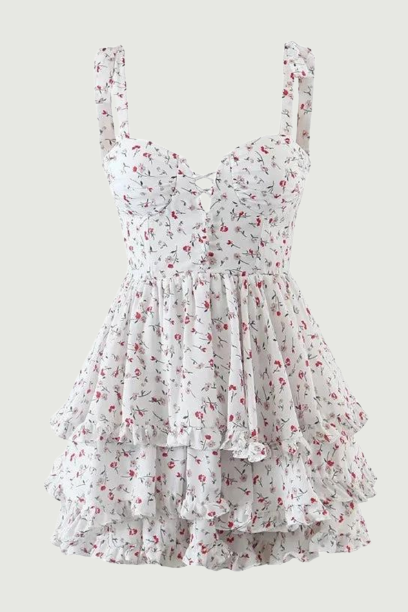 Vintage Spring Summer Chic Floral Lace Square Neck Cute Cake Cascading Ruffled Strap Mini Dress Woman