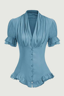 Victorian Blouse Women Short Sleeve V Neck Lace Chiffon Slim Corset Costume Tops