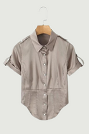 Women Apricot Roll-up Sleeve Safari Satin Shirt Blouse Single Breasted Female Fishbone Summer Crop Top