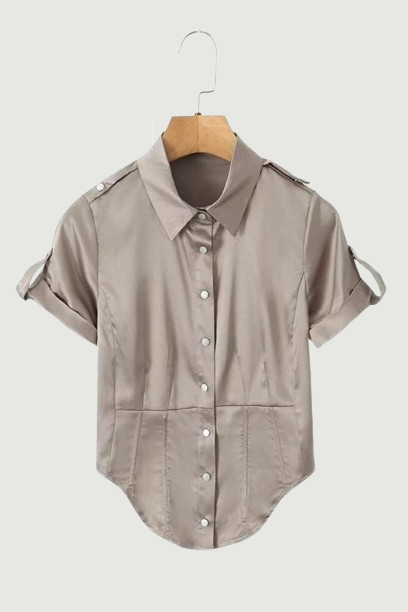 Women Apricot Roll-up Sleeve Safari Satin Shirt Blouse Single Breasted Female Fishbone Summer Crop Top