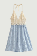 Women Sexy Backless Halter Patchwork Embroidery Knit Dress Summer Mini