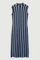 Sexy Women Contrast Striped Knit Dress Half High Collar Side Slit Hem Ladies Sleeveless Dresses Midi