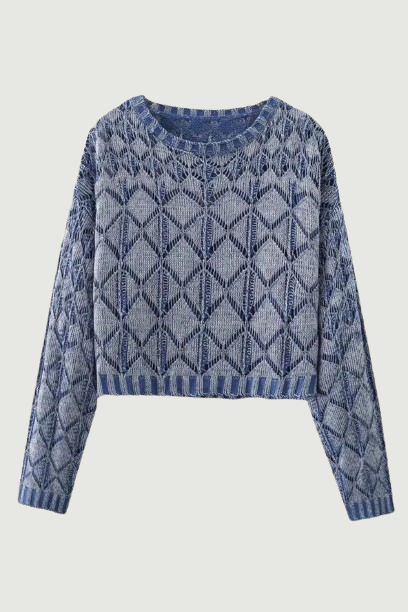 Autumn Women's Wash Effect Knitwear Vintage Geometric Hollow Out Pullover Smock Thin Crop Top Sweater