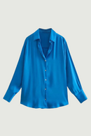 Women Loose Satin Shirts Vintage Long Sleeve Button-up Female Blouses Chic Tops