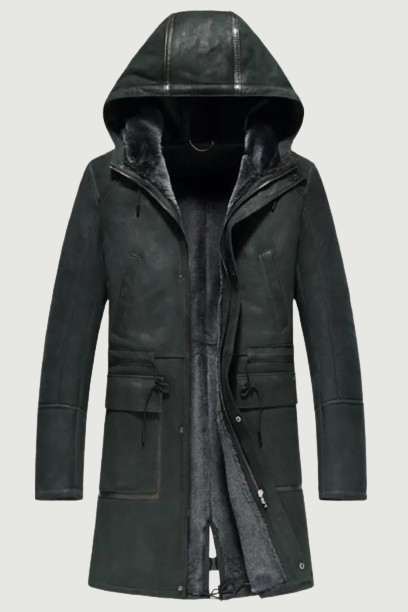 Mens Long Coat Men Shearling Coat Men Leather Parkas Olive Green Shearling Jacket For Men