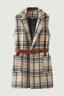 Spring Sleeveless Office Plaid Vest Coat Women Belt Long Vest Waistcoat Female Pockets Outerwear Long Vest Ladies Vintage