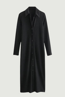 Spring Women Black Fitted Ribbed Dress Long Sleeve Lapel Collar Front Button Female Midi Vintage Dresses