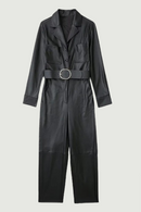 Women Black With Belt Faux Leather Jumpsuit Long Sleeve Elegant Female Overalls
