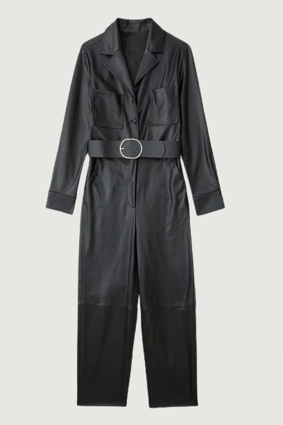 Women Black With Belt Faux Leather Jumpsuit Long Sleeve Elegant Female Overalls