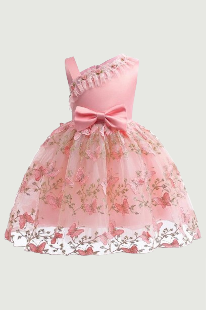 Girls Dress European and American Butterfly Embroidery Mesh Children Oblique Shoulder Party Wedding Dress