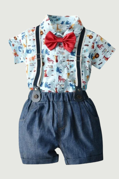 Summer Cartoon Gentleman Clothes Child Short-sleeved Cropped Trousers Baby Sling Two-piece Infant Boy Animal