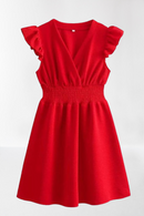 Summer Women Cross V Neck Flying Sleeve Red Party Dress Vintage Elastic Waist Mini Ladies Elegant Dresses