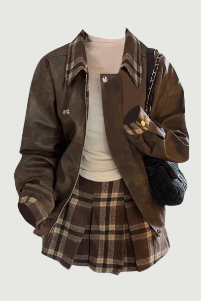 Outfits Clothing Set Office Lady Lapel Collar Vintage Faux Leather Skirt Preppy Style