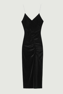 Sexy Women Shiny Strap Black Velvet Midi Dresses Front Ruching Slit Hem Female Christmas Party