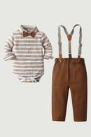 Striped Bodysuit Set for Infant Baby Long Sleeve Autumn Suspender Cotton Outfit Boy Birthday Toddler Clothes
