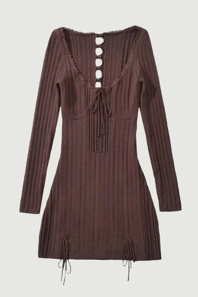 Women Low Collar Long Sleeve Bodycon Mini Dresses Hollow Out Ladies Party Robe