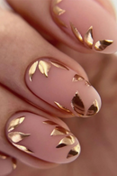 24pcs Nude Oval Nails Press on Golden Leaves Design Full Cover Nail Tips Simple Almond Nails Art