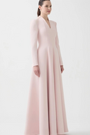 Customized Customized Delicate Pink Jersey Evening Dress V-Neck Long Sleeves Celebrity Gowns Appliques Elegant Bespoke Occasion