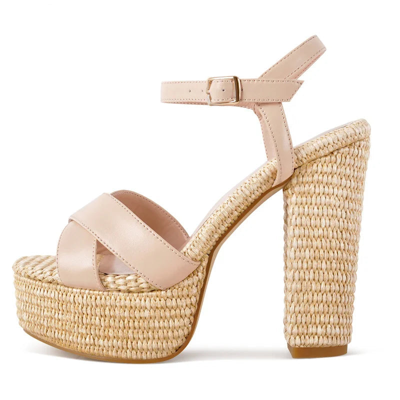 Women Open Toe Platform Cane Buckle Strap Heeled Summer Sandals