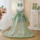 Charming Scoop Bowed Lace Up Satin Flower Girl Dress With Trailing Sleeveless Wedding Birthday