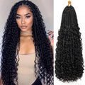Woman with long curly hair and a close-up of a black braided hair extension, Obroi