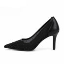 Black high-heeled shoe with studded details on a white background, featuring the brand 'Obroi'.