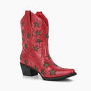 Red cowboy boot with star patterns on a white background, Obroi