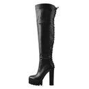 Black knee-high boot with platform sole on a white background, featuring the brand 'Obroi'.
