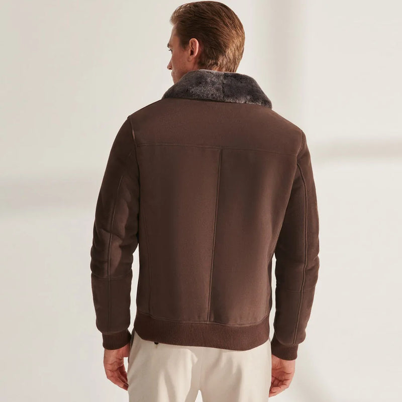 Men's Brown Shearling Jacket Men Shearling Bomber Jacket Short Coat