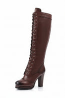 Brown knee-high boot with lace-up design on a white background, Obroi