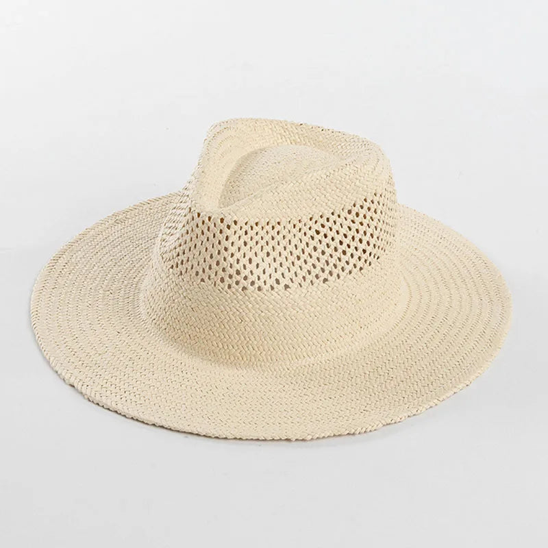 Women Beige Straw Fedora Hats Ladies Summer Hat Hand Woven Sun Hat for Derby Travel Beach Hat