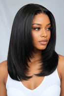 7x5 Lace Pre Layered Side Part Yaki Straight Wig Human Hair Glueless Wig Short Bob Wigs 150% Density