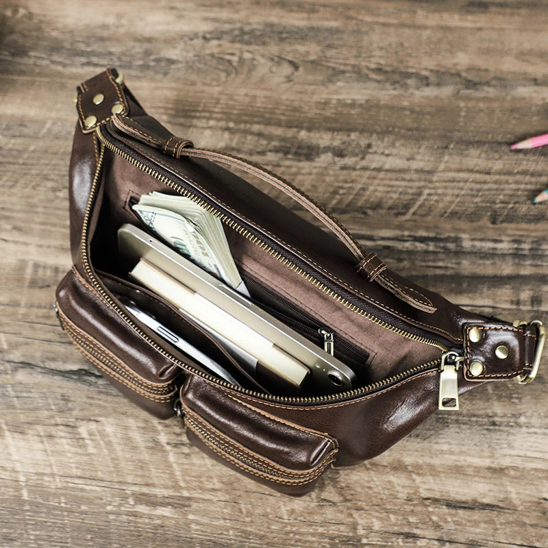 Men Waist Bag Travel Genuine Leather Pack Waist Belt Bag Male Crossbody Chest Bags Handbag