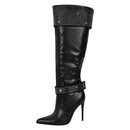Black knee-high boot with studded details on a white background, Obroi