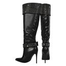 Black knee-high boots with rhinestone embellishments on a white background, Obroi
