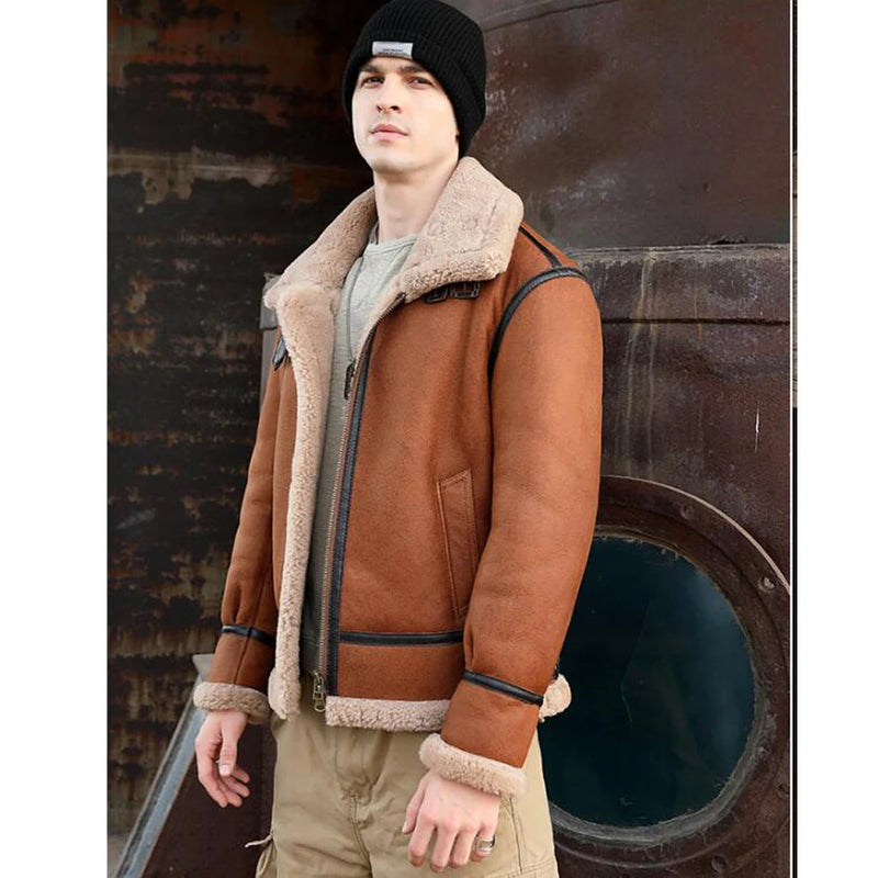 Men Shearling Jacket Brown Leather Short Wool Coat Aviation Jacket For Men