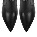 Pair of black pointed-toe shoes on a white background, Obroi
