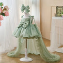 Charming Scoop Bowed Lace Up Satin Flower Girl Dress With Trailing Sleeveless Wedding Birthday