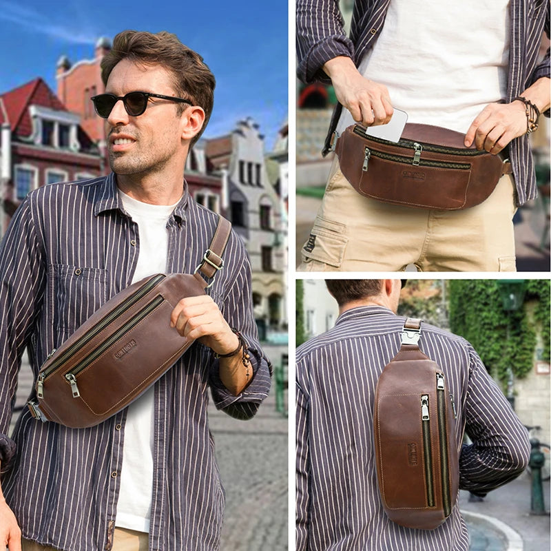 Men Waist Bag Genuine Leather Waist Pack Belt Bag Travel Fanny Pack Casual Crossbody Chest Bags Handbag