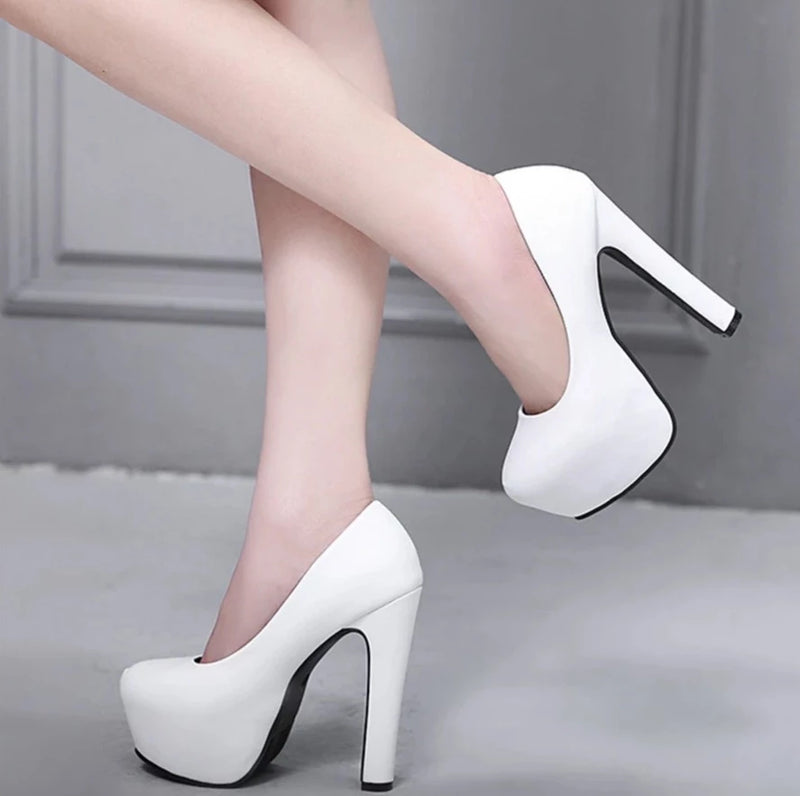 Women Platform High Heels Shoes Slip On Stilettos Heel Leather Round Toe Black and White Classic Party Footwear