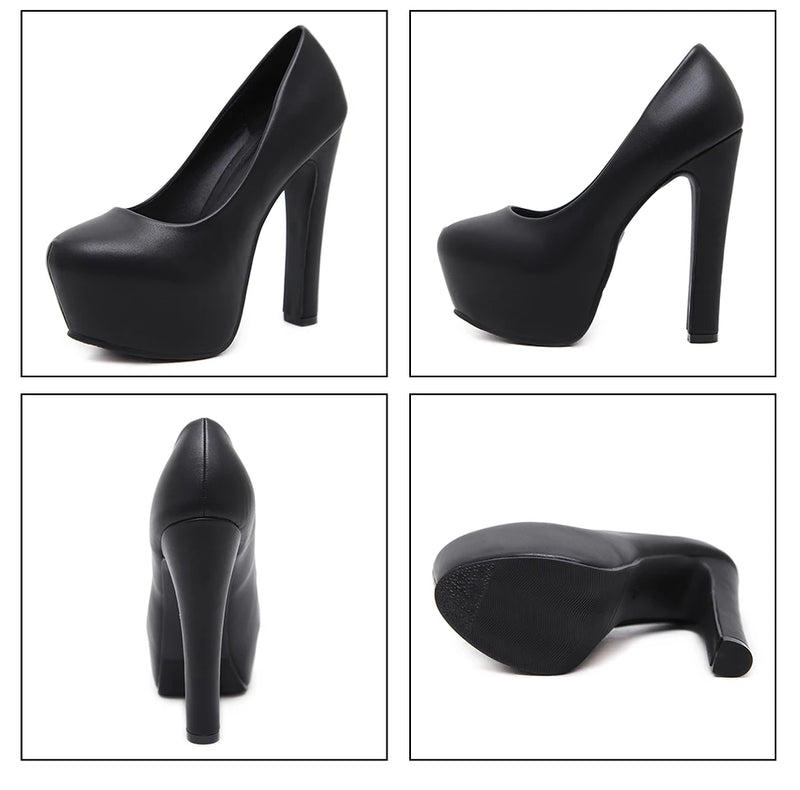 Women Platform High Heels Shoes Slip On Stilettos Heel Leather Round Toe Black and White Classic Party Footwear