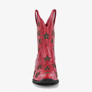 Red cowboy boot with star patterns on a white background, Obroi