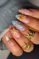 24Pcs Light Blue Gradient Almond Nails French Handmade Flowers Starfish Stick on Nails Summer for Vacation